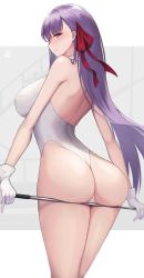 Rule 34 | 1girl, absurdres, ass, bb (fate), breasts, closed mouth, fate/grand order, fate (series), gloves, hair ribbon, highres, large breasts, leotard, long hair, looking at viewer, purple eyes, purple hair, red ribbon, ribbon, smile, solo, suzuya (maru), white gloves, white leotard