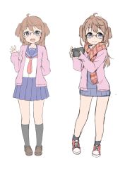 Rule 34 | 1girl, absurdres, ahoge, amemiya sekira, arm behind back, arm up, black socks, blouse, blue eyes, blue sailor collar, blue skirt, blush, brown hair, camera, closed mouth, female focus, flat color, full body, glasses, highres, holding, holding camera, jacket, kneehighs, loafers, long hair, long sleeves, looking at viewer, multiple views, necktie, open mouth, original, pink jacket, plaid, plaid scarf, pleated skirt, red necktie, sailor collar, scarf, school uniform, sekira ame, serafuku, shirt, shoes, simple background, sketch, skirt, sleeves past wrists, smile, sneakers, socks, standing, two side up, uniform, variations, waving, white background, white shirt