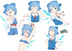 Rule 34 | &gt;:), 1girl, :&gt;, ;), = =, ^ ^, adapted costume, ahoge, armpits, arms up, bandeau, bdsm, bikini, bikini top only, blue bow, blue dress, blue eyes, blue hair, blue vest, blush, bondage, bound, bound wrists, bow, breasts, cirno, closed eyes, collarbone, collared shirt, detached sleeves, doyagao, dress, expressions, grin, hair bow, hands on own hips, ice, ice wings, looking at viewer, multiple views, navel, neck ribbon, nise (  nise6  ), obi, one eye closed, parted lips, puffy short sleeves, puffy sleeves, red ribbon, ribbon, sash, shirt, short hair, short sleeves, small breasts, smile, smug, strapless, strapless bikini, swimsuit, touhou, v-shaped eyebrows, vest, white shirt, wide sleeves, wings