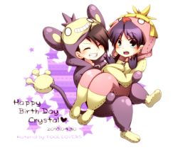 Rule 34 | 10s, 1boy, 1girl, 2010, aipom, aipom (cosplay), bad id, bad pixiv id, black hair, carrying, character name, cosplay, creatures (company), dated, ethan (pokemon), game freak, gen 2 pokemon, happy birthday, kris (pokemon), nintendo, pokemon, pokemon adventures, pokemon gsc, purple background, saku anna, smoochum, smoochum (cosplay), star (symbol), starry background, twintails, white background