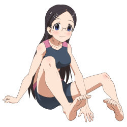 Rule 34 | 10s, 1girl, bare shoulders, barefoot, bike shorts, black hair, blue eyes, blush, breasts, collarbone, feet, full body, glasses, long hair, looking at viewer, medium breasts, saitou kaede (yama no susume), simple background, sitting, smile, soles, solo, sports bra, swept bangs, tat (artist), toes, white background, yama no susume
