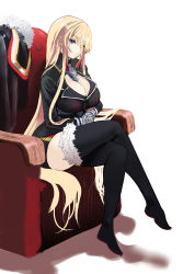 Rule 34 | 1girl, absurdres, azur lane, bismarck (azur lane), blonde hair, blue eyes, breasts, cleavage, cleavage cutout, clothing cutout, crossed legs, fur trim, gloves, hey taisyou, highres, large breasts, long hair, looking at viewer, simple background, sitting, solo, thighhighs, thighs, uniform, white background, white gloves, zettai ryouiki