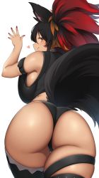 Rule 34 | 1girl, absurdres, animal ears, ass, ass focus, back, black hair, curvy, dog tail, heart, highres, huge ass, looking back, multicolored hair, nail polish, original, panties, red hair, solo, suruga (xsurugax), tail, thick thighs, thighhighs, thighs, underwear, white background, wolf tail, yellow eyes