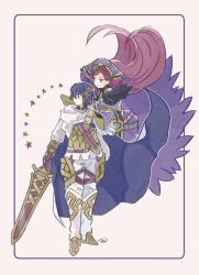 Rule 34 | 1boy, 1girl, alfonse (fire emblem), armor, bad id, bad twitter id, blonde hair, blue eyes, blue hair, cape, closed mouth, commentary request, dress, fire emblem, fire emblem heroes, floating, fur trim, gloves, gradient hair, hair between eyes, hair ornament, hand on another&#039;s shoulder, hat, holding, holding sword, holding weapon, loki (fire emblem), long hair, multicolored hair, murabito ba, nintendo, purple dress, purple eyes, purple hair, scale armor, short hair, signature, simple background, smile, sword, weapon, white footwear