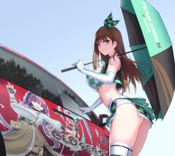 Rule 34 | 1girl, aeri (closers), aqua eyes, arched back, ass, bare shoulders, breasts, brown hair, car, closed mouth, closers, cowboy shot, crop top, cropped vest, elbow gloves, from side, gloves, green shirt, green skirt, hairband, highres, holding, holding umbrella, large breasts, leaning forward, long hair, looking at viewer, looking to the side, midriff, miniskirt, mole, mole under mouth, motor vehicle, non-web source, official art, open clothes, open vest, race queen, race vehicle, racecar, shirt, side slit, skindentation, skirt, sleeveless, sleeveless shirt, smile, solo, standing, thighhighs, thighs, umbrella, vest, white gloves, white thighhighs, white vest