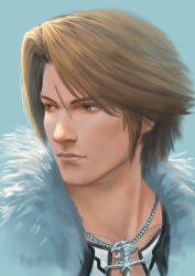 Rule 34 | 1boy, blue background, brown eyes, brown hair, closed mouth, commentary, fateline alpha, final fantasy, final fantasy viii, fur trim, highres, jewelry, looking away, male focus, necklace, scar, simple background, solo, squall leonhart