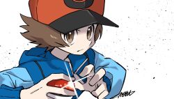 Rule 34 | 1boy, ayakadegozans, baseball cap, blue jacket, brown eyes, brown hair, closed mouth, commentary request, creatures (company), game freak, glint, hat, highres, hilbert (pokemon), holding, holding poke ball, jacket, male focus, nintendo, poke ball, poke ball (basic), poke ball print, pokemon, pokemon bw, print headwear, red hat, short hair, signature, simple background, sleeves past wrists, solo, upper body, v-shaped eyebrows, white background