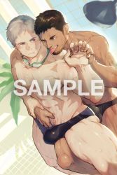 Rule 34 | 2boys, abs, bara, black male swimwear, blush, bulge, commission, dark-skinned male, dark skin, facial hair, feet out of frame, goatee, goggles, goggles around neck, hand under clothes, highres, holding another&#039;s wrist, holding hands, interlocked fingers, interracial, large pectorals, leg between thighs, male focus, male swimwear, mature male, multiple boys, muscular, muscular male, navel, navel hair, nipples, original, p!k@ru, pectorals, reach-around, sample watermark, short hair, sideburns, silver hair, skeb commission, skindentation, stomach, swim briefs, thick thighs, thighs, tongue, tongue out, topless male, watermark, wet, yaoi