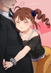 Rule 34 | 1boy, 1girl, ahoge, arched back, black jacket, black shirt, blazer, breast press, breasts, brown hair, cleavage, closed eyes, closed mouth, collarbone, collared shirt, commentary, dot nose, dress shirt, drill hair, hair ornament, hair scrunchie, head out of frame, heart, heart background, highres, hug, idolmaster, idolmaster million live!, jacket, kamille (vcx68), medium breasts, motion lines, necktie, pants, pink background, pout, producer (idolmaster), scrunchie, shirt, side drill, star (symbol), star print, sweatdrop, white shirt, wrist scrunchie, yellow pants, yokoyama nao