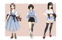 Rule 34 | 3girls, absurdres, aerith gainsborough, alternate costume, arm behind back, asymmetrical legwear, belt bow, black hair, black shorts, black thighhighs, blue theme, boots, border, breasts, brown background, brown eyes, brown footwear, brown hair, buttons, cleavage, closed mouth, collarbone, crop top, cropped jacket, denim, denim dress, denim jacket, denim skirt, drill hair, final fantasy, final fantasy vii, final fantasy vii remake, full body, green eyes, green footwear, grey eyes, hair between eyes, hair ornament, hair ribbon, hair tie, highres, jacket, large breasts, long hair, long sleeves, low-tied long hair, low ponytail, medium breasts, midriff, midriff peek, miniskirt, mochee bi, multiple girls, navel, open mouth, parted bangs, pink ribbon, pointing, puffy long sleeves, puffy short sleeves, puffy sleeves, red footwear, ribbon, ringlets, shirt, shirt under dress, shoes, short hair, short sleeves, shorts, side slit, single sidelock, skirt, smile, sneakers, standing, thigh gap, thighhighs, tifa lockhart, tongue, tongue out, white border, white shirt, x hair ornament, yuffie kisaragi