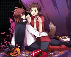 Rule 34 | age difference, animal ears, bat (animal), blush, brown eyes, brown hair, cake, candy, chocolate, claws, cosplay, fangs, father and son, food, fork, fox tail, halloween, hug, kratos aurion, lloyd irving, macaroon, open clothes, open shirt, pumpkin, red eyes, red hair, shirt, straddling, tail, tales of (series), tales of symphonia