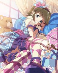 Rule 34 | 10s, 1girl, argyle, argyle clothes, argyle legwear, blue eyes, brown hair, candy, checkered clothes, checkered legwear, dress, food, foreshortening, frills, hairband, hayashida airi, head rest, heat, looking at viewer, lying, marshmallow, mole, mole under eye, official art, on side, parted lips, pillow, plaid, plaid dress, short hair, solo, stuffed animal, stuffed toy, teddy bear, thighhighs, wake up girls!, wake up girls! stage no tenshi, wrist cuffs
