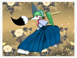Rule 34 | 1boy, black flower, blue hair, blue hakama, blue kimono, border, bug, butterfly, calligraphy brush, clothed pokemon, colored skin, confetti, creatures (company), flower, full body, gallade, game freak, gen 4 pokemon, green hair, green skin, grey border, hair over one eye, hakama, hands up, happy, highres, hip vent, holding, insect, japanese clothes, kimono, leaf, legs apart, looking at viewer, male focus, mohawk, monya, multicolored hair, multicolored skin, nintendo, one eye covered, open mouth, oversized object, paintbrush, pokemon, pokemon (creature), red eyes, short hair, short sleeves, smile, solo, standing, two-handed, two-tone hair, two-tone skin, white skin, yellow background, yellow flower