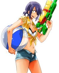 Rule 34 | 10s, 1girl, ball, beachball, bikini, commentary request, eyepatch, fang, front-tie top, grin, gun, holding, holding ball, holding gun, holding weapon, kani aruki (bucket crawl), kantai collection, looking at viewer, low twintails, navel, open clothes, open fly, open mouth, open shorts, purple hair, shirt, shorts, sketch, smile, solo, super soaker, swimsuit, tenryuu (kancolle), tied shirt, twintails, water gun, weapon, yellow eyes