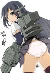Rule 34 | 10s, 1girl, arm warmers, asashio (kancolle), ass, black hair, black thighhighs, blue eyes, clothes lift, from behind, kantai collection, long hair, looking back, machinery, momo (higanbana and girl), open mouth, panties, skirt, skirt lift, solo, suspenders, thighhighs, underwear, white panties