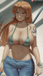 Rule 34 | 1girl, arm tattoo, bad id, bad twitter id, bare shoulders, bikini, blue pants, blush, bracelet, breasts, closed mouth, collarbone, commentary, cowboy shot, earrings, green bikini, hair between eyes, highres, holding, holding weapon, jewelry, long hair, looking at viewer, nami (one piece), navel, one piece, orange eyes, orange hair, pants, patreon logo, patreon username, shexyo, skindentation, solo, strap gap, string bikini, striped bikini, striped clothes, swimsuit, tattoo, thigh gap, very long hair, watermark, weapon, web address