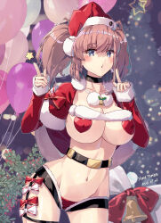 Rule 34 | 1girl, alternate costume, artist name, atlanta (kancolle), black choker, breasts, choker, cleavage, dated, finger to mouth, grey eyes, hat, heart pasties, highres, himeyamato, kantai collection, large breasts, looking at viewer, pasties, red hair, santa hat, solo, thigh strap, twintails