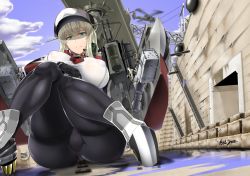 Rule 34 | 1boy, 1girl, aircraft, black gloves, blonde hair, blue eyes, breasts, day, dock, covered erect nipples, frown, giant, giantess, gloves, graf zeppelin (kancolle), grey shirt, hat, headgear, helicopter, highres, kantai collection, large breasts, long hair, looking at viewer, microphone, missile, outdoors, panties, pantyhose, pantyshot, peaked cap, red neckwear, rigging, rudder footwear, saizu nitou gunsou, see-through, shirt, sidelocks, sitting, size difference, solo focus, taut clothes, thighband pantyhose, twintails, underwear