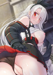 Rule 34 | 1girl, ass, azur lane, bent over, black gloves, black hairband, black panties, black skirt, blurry, blurry background, blush, braid, braided ponytail, breasts, breasts out, censored, closed mouth, clothes lift, clothing aside, clothing cutout, commentary, cowboy shot, cropped shirt, day, embarrassed, from behind, frown, gekato, gloves, grey hair, hairband, highres, large breasts, long hair, long sleeves, looking at viewer, looking back, miniskirt, mole, mole under eye, mosaic censoring, nipples, outdoors, paid reward available, panties, panties aside, parted bangs, pleated skirt, prinz heinrich (azur lane), pussy, pussy juice, red eyes, ribbed shirt, shirt, shirt lift, shoulder cutout, skirt, solo, standing, sunlight, sweat, two-sided fabric, two-sided skirt, underwear, very long hair, white shirt