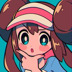 Rule 34 | 1girl, :o, aqua background, blouse, blue eyes, blue shirt, blush stickers, bow, bright pupils, brown hair, chueog, commentary, creatures (company), double bun, game freak, hair bun, hand on own chin, hand up, looking at viewer, lowres, nintendo, pink bow, pokemon, pokemon bw2, pokemon masters ex, raglan sleeves, rosa (pokemon), shirt, simple background, solo, stroking own chin, twintails, upper body, visor cap, white pupils