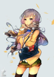 Rule 34 | 1girl, artist name, food, food in mouth, furisode (pixilvina), hair ornament, highres, jewelry, long hair, looking at viewer, original, pocky, pocky day, purple hair, ring, scarf, school uniform, silver hair, skirt, snowflakes, solo