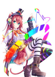 Rule 34 | 1girl, absurdres, animal ears, arm at side, black hat, black jacket, blush, boots, bow, bowtie, breasts, brown footwear, brown hair, cable, cat ears, cat girl, cat tail, chabaneko, chestnut mouth, corset, fortissimo, green eyes, hair between eyes, hair ornament, hairclip, hand up, hat, hat bow, headphones, heart, heart-shaped pupils, highres, jacket, knees up, long hair, long sleeves, looking at viewer, medium breasts, midair, miniskirt, musical note, musical note hair ornament, off shoulder, open clothes, open jacket, open mouth, orange bow, orange bowtie, original, pink skirt, rainbow, rainbow gradient, rainbow order, shirt, simple background, skirt, sleeves past wrists, solo, spread fingers, striped clothes, striped thighhighs, symbol-shaped pupils, tail, thighhighs, top hat, white background, white shirt, yonari phone neon