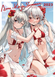 Rule 34 | 2girls, ;), amatsukaze (kancolle), bikini, blue sky, blush, breasts, cloud, commentary request, day, flower, grey hair, hair between eyes, hair flower, hair ornament, hairband, highres, kantai collection, long hair, looking at viewer, medium breasts, multiple girls, navel, ocean, one eye closed, open clothes, open shirt, outdoors, purple eyes, red bikini, red eyes, red flower, shimakaze (kancolle), shirt, sitting, sky, smile, swimsuit, takanashi kei (hitsujikan), two side up, wet, white hairband, white shirt