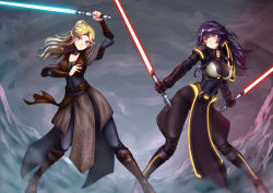 Rule 34 | 2girls, adsouto, blonde hair, boobplate, borrowed character, breastplate, breasts, commentary, commission, dual wielding, energy sword, green eyes, highres, holding, jedi, large breasts, lightsaber, long hair, multiple girls, original, pelvic curtain, pointy ears, ponytail, purple hair, sith, star wars, sword, weapon