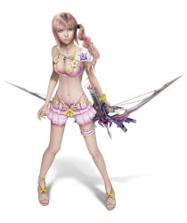 Rule 34 | alternate costume, bow (weapon), final fantasy, final fantasy xiii, final fantasy xiii-2, navel, official art, pink hair, serah farron, side ponytail, simple background, solo, standing, weapon, white background