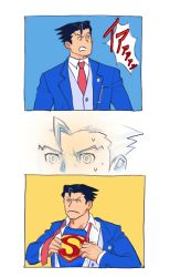 Rule 34 | 1boy, 3koma, ace attorney, black eyes, black hair, blue bodysuit, blue jacket, bodysuit, bodysuit under clothes, border, breast pocket, close-up, closed mouth, clothes writing, collared shirt, comic, cosplay, dc comics, forehead, formal, godzillapigeon1, hands up, highres, jacket, japanese text, looking to the side, male focus, matching hair/eyes, multiple views, necktie, open clothes, open jacket, open mouth, open shirt, open vest, parody, phoenix wright, pocket, red necktie, shirt, short hair, shouting, speech bubble, spiked hair, suit, superman, superman (cosplay), superman (series), sweat, translated, undressing, upper body, v-shaped eyebrows, vest, white border, white shirt, wide-eyed