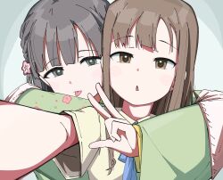 2girls :o :p arm_around_shoulder brown_hair commentary green_kimono highres idolmaster idolmaster_cinderella_girls japanese_clothes kimono kobayakawa_sae long_hair looking_at_viewer mizumoto_yukari multiple_girls ohgi910 selfie shirt short_sleeves tongue tongue_out upper_body w white_shirt yuri