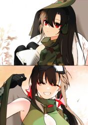 Rule 34 | 2girls, absurdres, black gloves, book, brown hair, camouflage, camouflage cape, closed eyes, commentary request, expressionless, girls&#039; frontline, gloves, goggles, goggles on head, grin, hair between eyes, hair over eyes, highres, holding, holding book, long hair, multiple girls, red eyes, smile, twintails, type 56-1 (girls&#039; frontline), type 56-1 (mod3) (girls&#039; frontline), type 64 (girls&#039; frontline), type 64 (mod3) (girls&#039; frontline), upper body, yuyu (gype5728)