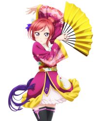 Rule 34 | 10s, 1girl, arm up, black thighhighs, cowboy shot, hair ornament, hand fan, holding, holding fan, japanese clothes, kimono, looking at viewer, love live!, love live! school idol festival, love live! school idol project, nishikino maki, parted lips, pink ribbon, purple eyes, purple kimono, red hair, ribbon, short hair, skirt, solo, standing, thighhighs, transparent background, white skirt