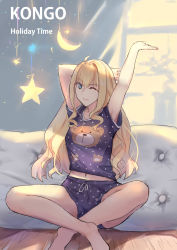 Rule 34 | 1girl, abstract background, ahoge, animal print, arm behind head, arms up, bear print, blonde hair, blue eyes, character name, closed mouth, crescent moon symbol, cushion, english text, hair over shoulder, highres, indian style, indoors, kongou (warship girls r), lips, long hair, looking at viewer, mou zhi pingguo, navel, on ground, one eye closed, open hand, polka dot, polka dot shirt, polka dot shorts, purple shirt, purple shorts, shadow, shirt, shorts, sitting, smile, solo, star (symbol), stretched limb, stretching, t-shirt, warship girls r, wooden floor