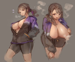 Rule 34 | 1girl, areola slip, asymmetrical bangs, bike shorts, blush, breasts, breasts out, breath, brown eyes, brown hair, censored, censored nipples, cleavage, collarbone, convenient censoring, grey background, hair ornament, hair scrunchie, hood, hooded track jacket, jacket, kazo (kazozakazo), leaning forward, long hair, multiple views, naughty face, one breast out, open clothes, open jacket, open mouth, original, scrunchie, side ponytail, skin tight, spandex, steam, steam censor, track jacket