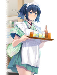 Rule 34 | 1girl, alcohol, alternate costume, beer, beer bottle, beer can, blue eyes, blue hair, bottle, can, commentary request, commission, drink can, green hakama, hakama, hakama short skirt, hakama skirt, highres, japanese clothes, kantai collection, maid, map (blue catty), skeb commission, skirt, solo, souryuu (kancolle), tasuki, tray, twintails, wa maid, waitress