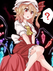 Rule 34 | 1girl, :o, ?, ascot, asymmetrical hair, asymmetrical wings, bed sheet, benizuwai, between legs, blonde hair, blouse, dress, fang, flandre scarlet, hand between legs, hat, highres, looking at viewer, mob cap, puffy short sleeves, puffy sleeves, red dress, red eyes, shirt, short hair, short sleeves, side ponytail, sitting, sitting on object, slit pupils, solo, spoken question mark, touhou, white shirt, wings