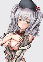 Rule 34 | 10s, 1girl, arm at side, bad id, bad pixiv id, blush, breast suppress, breasts, cleavage, closed mouth, collared shirt, covering privates, covering breasts, eyebrows, female focus, grey background, grey eyes, grey hair, grey shirt, hat, kantai collection, kashima (kancolle), large breasts, long sleeves, looking at viewer, nannacy7, shirt, simple background, smile, solo, striped, torn clothes, twintails, upper body, wavy hair