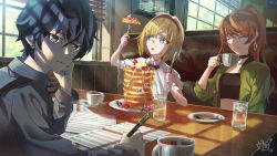 Rule 34 | 1boy, 2girls, absurdres, anna schneider, asahina takt, black hair, black tube top, blonde hair, blueberry, booth seating, brown hair, butter, choker, closed mouth, collared shirt, cup, destiny (takt op.), ear piercing, earrings, food, fork, fruit, glass, green eyes, green jacket, grey eyes, grey shirt, hair between eyes, hairband, hayateluc, highres, holding, holding cup, holding fork, holding knife, holding pen, ice, ice cube, jacket, jewelry, knife, long sleeves, looking at viewer, multiple girls, open mouth, pancake, pancake stack, paper, pen, piercing, plate, ponytail, saucer, sheet music, shirt, short sleeves, siblings, signature, sisters, sitting, smile, strapless, strawberry, sunlight, table, takt op., tube top, white shirt, window, window blinds