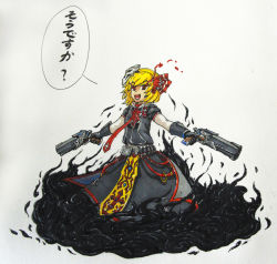 Rule 34 | 1girl, :d, absurdres, blonde hair, cloak, cosplay, cross, crucifix, darkness, dress, dual wielding, fangs, flaming eyes, gauntlets, gloves, gun, hair ribbon, highres, holding, hupose deheluo, is that so, looking at viewer, mask, mask on head, necktie, open mouth, overwatch, overwatch 1, power connection, reaper (overwatch), reaper (overwatch) (cosplay), red eyes, ribbon, rumia, scan, shotgun, smile, solo, touhou, traditional media, weapon