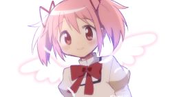 Rule 34 | 1girl, angel wings, arms at sides, backlighting, close-up, closed mouth, commentary request, dot nose, feathers, female focus, flat chest, hair between eyes, hair ribbon, happy, high collar, juliet sleeves, kaname madoka, leaning, leaning to the side, light blush, long sleeves, looking at viewer, mahou shoujo madoka magica, mahou shoujo madoka magica (anime), mitakihara school uniform, momo tomato, neck ribbon, pink eyes, pink hair, puffy sleeves, red ribbon, ribbon, school uniform, short twintails, silhouette, simple background, smile, solo, tareme, transparent wings, twintails, twitter username, uniform, upper body, white background, wings