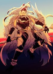 Rule 34 | 1boy, feathers, granblue fantasy, helmet, highres, holding, looking to the side, male focus, nezahualpilli, open mouth, ottoritsubame, pelvic curtain, red eyes, smile, solo, sunset