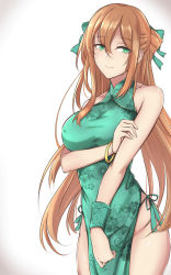 Rule 34 | 1girl, alternate costume, aqua dress, aqua ribbon, bangle, bare arms, bare legs, bare shoulders, blush, bracelet, breast hold, breasts, brown hair, china dress, chinese clothes, clenched hand, closed mouth, collarbone, cowboy shot, dress, eyes visible through hair, female focus, floral print, girls&#039; frontline, green eyes, groin, hair between eyes, hair ribbon, hair rings, half-closed eyes, half updo, hand on own arm, highres, jewelry, large breasts, light brown hair, long hair, looking at viewer, neck, ponytail, ribbon, side-tie costume, side slit, sidelocks, simple background, sleeveless, sleeveless dress, smile, solo, springfield (girls&#039; frontline), standing, thighs, very long hair, wristband, zhishi ge fangzhang