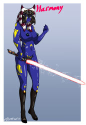 Rule 34 | absurdres, alien, blue skin, breasts, breasts out, collar, colored skin, cpt.tester works, energy sword, gloves, green eyes, harmony (cpt.tester), headpiece, highres, jewelry, large breasts, lightsaber, midriff, monster girl, nipple piercing, nude, piercing, pussy, sith, skirt, star wars, sword, tall female, tattoo, togruta, toned female, tongue, tongue out, uncensored, weapon