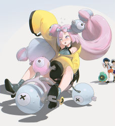 Rule 34 | 1boy, 2girls, bare shoulders, black shorts, blue hair, blush, bow-shaped hair, breasts, character hair ornament, creatures (company), florian (pokemon), game freak, gen 1 pokemon, grey eyes, hair ornament, highres, iono (pokemon), jacket, juliana (pokemon), light blue hair, long hair, long sleeves, low twintails, magnemite, medium breasts, mhk (mechamania), multicolored hair, multiple girls, nintendo, one eye closed, open mouth, pink hair, pokemon, pokemon sv, sharp teeth, short hair, shorts, sleeves past fingers, sleeves past wrists, smile, solo, split-color hair, teeth, tricycle, twintails, yellow jacket