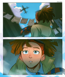 Rule 34 | 1boy, 2koma, aircraft, airplane, artist name, blue eyes, blue sky, boku no hero academia, brown hair, brown jacket, chalseu, cloud, comic, commentary, english commentary, eyewear on head, highres, jacket, jet, looking up, male focus, necktie, nose, rody soul, signature, silent comic, sky, solo, striped necktie, sunglasses, two-tone necktie
