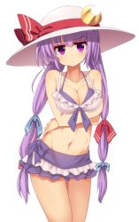 Rule 34 | 1girl, alternate hairstyle, alternate headwear, bikini, blush, bow, bracelet, breast rest, breasts, cleavage, colorized, crescent, frilled bikini, frills, front-tie top, hair bow, hair ornament, hat, hat ribbon, jewelry, kuresento, long hair, looking at viewer, low twintails, maturiuta sorato, navel, necklace, panties, patchouli knowledge, pink eyes, purple bikini, purple hair, ribbon, simple background, solo, swimsuit, touhou, twintails, underwear, very long hair, white background