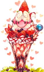 Rule 34 | animal focus, black eyes, blueberry, chocolate, cream, creatures (company), cup, dessert, drinking glass, flaaffy, fluffy, food, food focus, food on head, fruit, game freak, gen 2 pokemon, heart, heart background, highres, ice cream, in food, looking at viewer, marker (medium), mofuo, nintendo, no humans, object on head, oversized food, oversized object, pokemon, pokemon (creature), simple background, solo, straight-on, strawberry, sundae, traditional media, upper body, white background