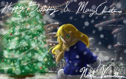 Rule 34 | 1girl, 4rcher, arc system works, arms behind back, blazblue, blonde hair, character name, christmas tree, coat, green eyes, happy birthday, long hair, merry christmas, mittens, noel vermillion, scarf, snow, snowing, winter clothes, winter coat