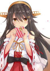 Rule 34 | 1girl, absurdres, bare shoulders, black hair, blush, box, breasts, brown background, brown eyes, candy, chocolate, chocolate heart, detached sleeves, food, gensoukitan, gift, gift box, gradient background, hair between eyes, hair ornament, hairband, hairclip, haruna (kancolle), headgear, heart, heart-shaped box, highres, holding, holding gift, japanese clothes, kantai collection, long hair, long sleeves, looking at viewer, medium breasts, nontraditional miko, petals, red skirt, ribbon-trimmed sleeves, ribbon trim, skirt, solo, upper body, valentine, wide sleeves